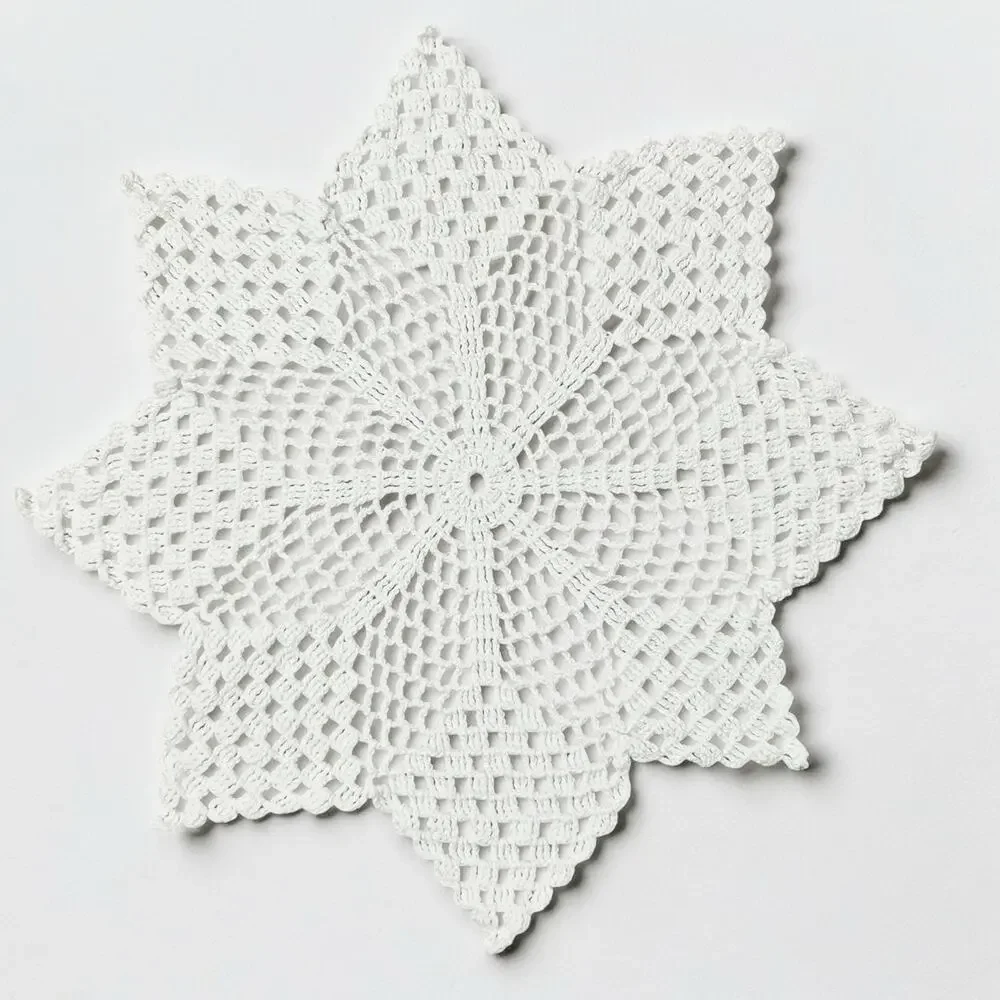 Vintage Hand Crocheted Doilies Set 2 White Table Topper Openwork Star Snowflake
